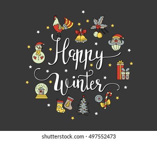 Vector handdrawn Christmas lettering. with winter and year symbols. Happy winter.
