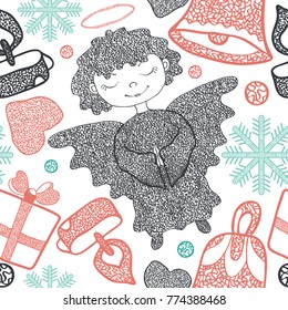 Vector Hand-Drawn Christmas pattern with angel, gifts, snowflakes, and bells