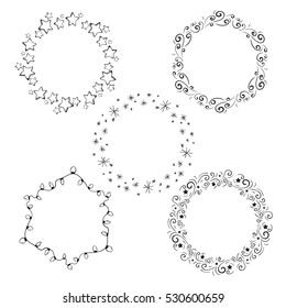 Vector hand-drawn Christmas round frame. Doodle brush with a garland, snow, winter, cold wind and the stars. Sketch circles for text