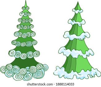 Vector hand-drawn Christmas trees in cartoon sketch style painted in rich green colors with bluish bright snow.