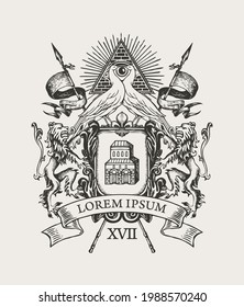 Vector hand-drawn Coat of arms with peacocks, all-seeing eye, lions, flags, ribbon and knightly shield with an old castle. Black and white medieval heraldry, emblem, sign, symbol in vintage style