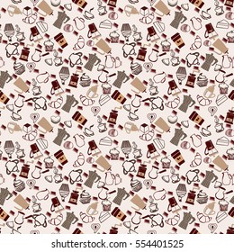 Vector hand-drawn Coffee, cupcake  and Sweets assortment background. seamless pattern with coffee, coffee theme and desserts.