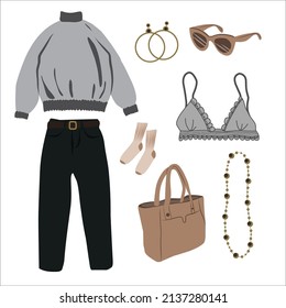 Vector hand-drawn collage of women's clothing and accessories isolated on a white background. An outfit in a casual and elegant feminine style.