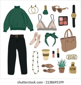 Vector hand-drawn collage of women's clothing and accessories isolated on a white background. An outfit in a casual and elegant feminine style.