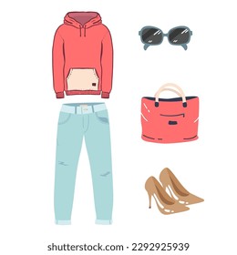 Vector hand-drawn collage of women's clothing and accessories isolated on a white background. An outfit in a casual and elegant feminine style. Hoodie jeans,