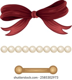 Vector hand-drawn collection accessories , red bow, pearl necklace and a zip