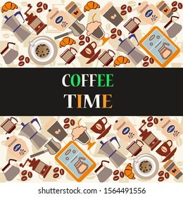 Vector hand-drawn collection coffee theme icons on Seamless background . Coffee time background can use for menu, coffee shop or cards design. 
