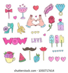 Vector handdrawn collection of colored icons or stickers patches 80s comic style. Illustration of a set badges symbol of a romantic love date, card and print on t-shirt. Isolated on white background