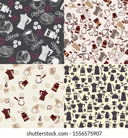 Vector hand-drawn collection Seamless coffee icons pattern. Set backgrounds can use for menu, coffee shop or cards design.