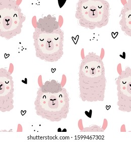 Vector hand-drawn color childish seamless repeating pattern with cute lamas and hearts in Scandinavian style on a white background. Childish seamless pattern with cute animals.