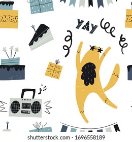 Vector hand-drawn color childish seamless repeating pattern with dancing cat, cake, gifts, tape recorder and garland on a white background. Birthday pattern. A party. Festive pattern with a cute cat.