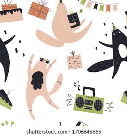 Vector hand-drawn color childish seamless repeating pattern with cats, cake, gifts, tape recorder, garland on a white background. Birthday pattern. A party. Festive pattern with a cute cats.
