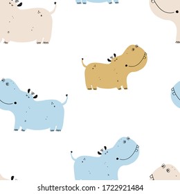 Vector hand-drawn color childish seamless repeating simple flat pattern with hippos in Scandinavian style on a white background. Cute baby animals. Pattern for kids with animals. Hippo.