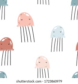 Vector hand-drawn color childish seamless repeating simple flat pattern with jellyfish in Scandinavian style on a white background. Cute baby animals. Pattern for children with animals. Ocean. Sealife