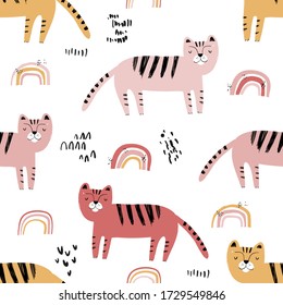 Vector hand-drawn color childish seamless repeating simple flat pattern with tigers in Scandinavian style on a white background. Cute baby animals. Pattern for kids with animals. Wild cat. Tiger.
