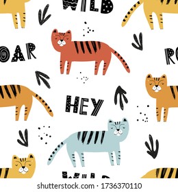 Vector hand-drawn color childish seamless repeating simple flat pattern with tigers in Scandinavian style on a white background. Cute baby animals. Pattern for kids with animals. Wild cat. Tiger.
