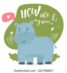 Vector hand-drawn color childish seamless repeating simple flat pattern with hippos, rainbow, plants in Scandinavian style on a white background. Cute baby animals. Pattern for kids with animals