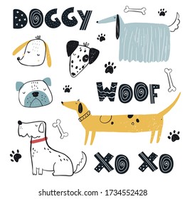 Vector hand-drawn color childish simple set with cute dogs, bones and lettering in Scandinavian style on a white background. Set with dogs for kids. Dogs print. Cute baby animals.
