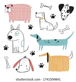 Vector hand-drawn color childish simple set with cute dogs, bones and paws in Scandinavian style on a white background. Set with dogs for kids. Dogs print. Cute baby animals.
