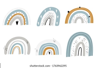 Vector hand-drawn color childish simple set for kids with cute rainbows in Scandinavian style on a white background. Baby set with rainbows. Fabric design.
