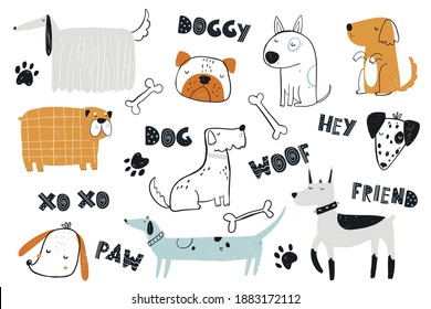 Vector hand-drawn color childish simple set with cute dogs, bones and lettering in Scandinavian style on a white background. Set with dogs for kids. Dogs print. Cute baby animals.