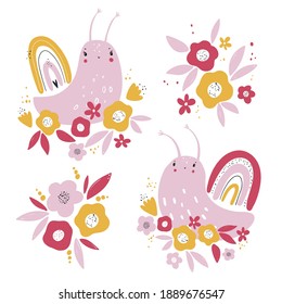 Vector hand-drawn color childish simple set with cute snails and flowers in Scandinavian style on a white background. Children's set with snails. Snail print. Cute baby animals.