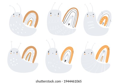 Vector hand-drawn color childish simple set with cute snails and in Scandinavian style on a white background. Children's set with snails. Snail print. Cute baby animals.