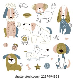 Vector hand-drawn color childish simple set with cute dogs, bones and paws in Scandinavian style on a white background. Set with dogs for kids. Dogs print. Cute baby animals.