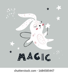 Vector hand-drawn color children's illustration, poster, print with cute white bunny fairy with a magic wand and wings  in a Scandinavian style on a light background. Cute baby animals. Magic.