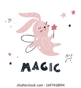 Vector hand-drawn color children's illustration, poster, print with cute pink bunny fairy with a magic wand and wings in a Scandinavian style on a white background. 