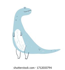 Vector hand-drawn color children's illustration, poster, print with a cute blue dinosaur in Scandinavian style on a white background. Cute baby animals. Reptile. Dinosaurs. Tyrannosaur.