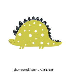 Vector hand-drawn color children's illustration, poster, print with a cute green dinosaur in Scandinavian style on a white background. Cute baby animals. Reptile. Dinosaurs. 
