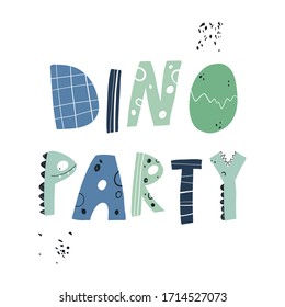 Vector hand-drawn color children's illustration, poster, print with lettering dino party in Scandinavian style on a white background. Dino lettering. Children's lettering.
