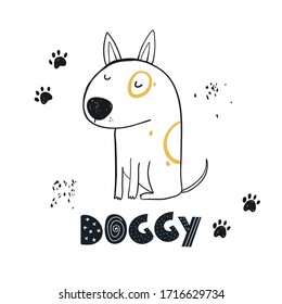 Vector hand-drawn color children's illustration, poster, print with a cute doggy and lettering in Scandinavian style on a white background. Cute baby animals. Dog. Pets. Baby print.