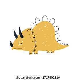 Vector hand-drawn color children's illustration, poster, print with a cute yellow dinosaur in Scandinavian style on a white background. Cute baby animals. Reptile. Dinosaurs. Triceratops
