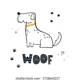 Vector hand-drawn color children's illustration, poster, print with a cute doggy and lettering Woof in Scandinavian style on a white background. Cute baby animals. Dog. Pets. Baby print.
