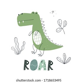 Vector hand-drawn color children's illustration, poster, print with a cute green dinosaur and lettering Roar in Scandinavian style on a white background. Cute baby animals. Reptile. Dinosaurs
