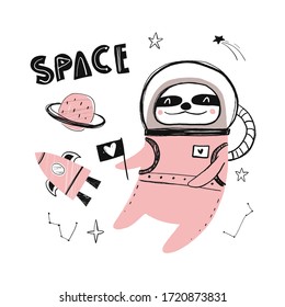 Vector hand-drawn color children's illustration, poster, print with a cute sloth cosmonaut and lettering Space in Scandinavian style on a white background. Cute baby animals.Baby print. Astronaut.
