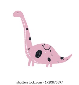 Vector hand-drawn color children's illustration, poster, print with a cute pink dinosaur in Scandinavian style on a white background. Cute baby animals. Reptile. Dinosaurs. 
