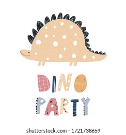 Vector hand-drawn color children's illustration, poster, print with a cute yellow dinosaur and lettering Dino party in Scandinavian style on a white background. Cute baby animals. Reptile. Dinosaurs
