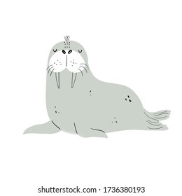 Vector hand-drawn color children's illustration, poster, print with a cute walrus in Scandinavian style on a white background. 