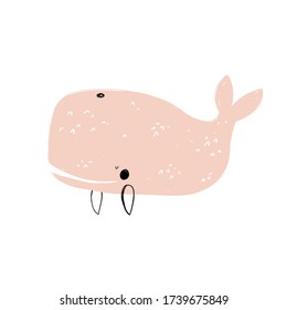 Vector hand-drawn color children's illustration, poster, print with a cute whale in Scandinavian style on a white background. Cute baby animals.  Whale