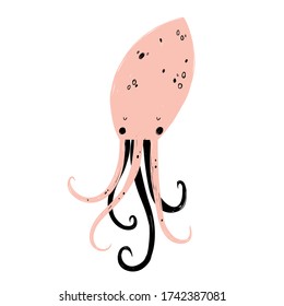 Vector hand-drawn color children's illustration, poster, print with a cute octopus in Scandinavian style on a white background. Cute baby animals. Underwater. Squid.
