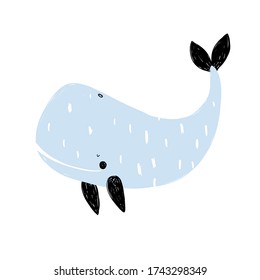 Vector hand-drawn color children's illustration, poster, print with a cute whale in Scandinavian style on a white background. Cute baby animals. Whale
