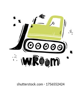 Vector hand-drawn color children's illustration, poster, print with a cute truck and lettering wroom in Scandinavian style on a white background. Building equipment. Funny construction transport.