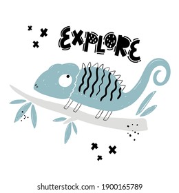 Vector hand-drawn color children's illustration, poster, print with a cute chameleon on a branch and lettering Explore in Scandinavian style on a white background. Cute baby animals. Lizard.