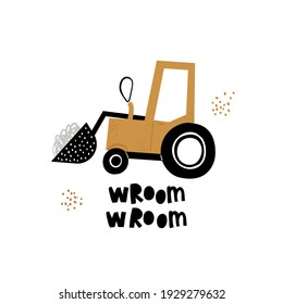 Vector hand-drawn color children's illustration, poster, print with a cute truck and lettering wroom in Scandinavian style on a white background. Building equipment. Funny construction transport.