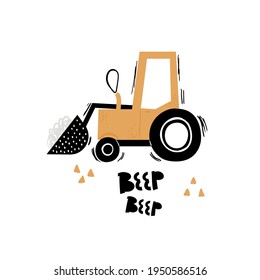 Vector hand-drawn color children's illustration, poster, print with a cute truck and lettering beep-beep in Scandinavian style on a white background. Building equipment. Funny construction transport.