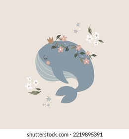 Vector hand-drawn color children's illustration, poster, print with a cute whale in Scandinavian style. Cute baby animals. Sealife. Whale