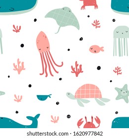 Vector hand-drawn color children's seamless repeating pattern with sea inhabitants in the Scandinavian style on a white background. Marine pattern. Ocean pattern. Cute baby animals. Whale, jellyfish.